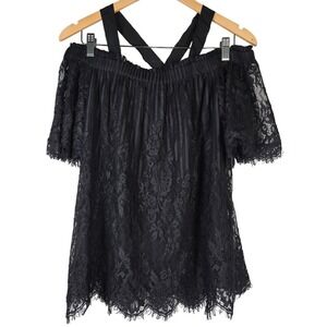Chelsea 28 Black Lace Off Shoulder Crisscross Neck Ruffle Blouse Top S